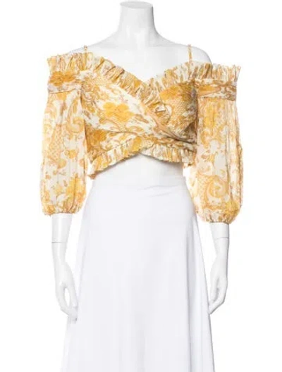Pre-owned Zimmermann Printed Off-the-shoulder Crop Top W/ Tags In Yellow