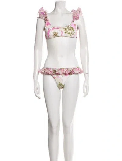 Pre-owned Zimmermann Printed Pleated Accents Bikini W/ Tags In White