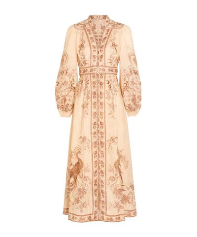 Zimmermann Printed Plunge Linen Midi Dress In Nude