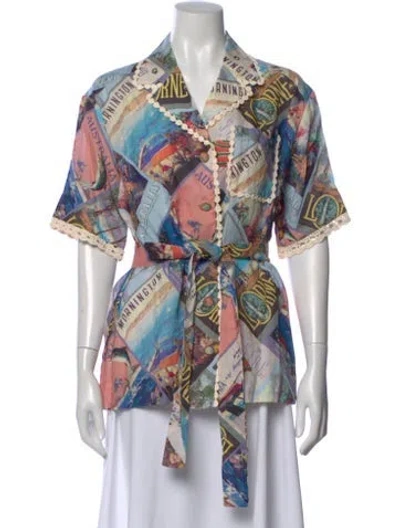 Pre-owned Zimmermann Printed Short Sleeve Blouse In Blue