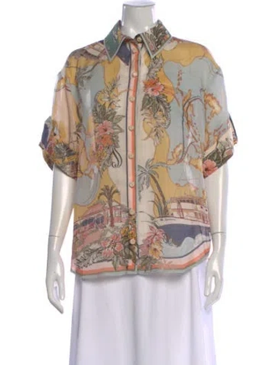 Pre-owned Zimmermann Printed Short Sleeve Button-up Top In Neutral
