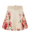 Zimmermann Lightburst Belted Pleated Floral-print Linen Shorts In Nude
