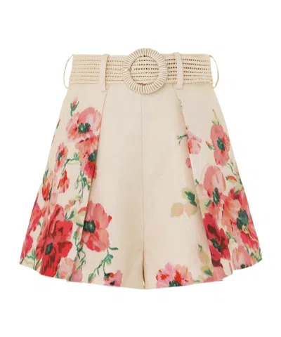 Zimmermann Lightburst Print Cotton And Silk Tuck Shorts In Cream Red