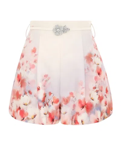 Zimmermann Red Low Waist Floral Silk And Cotton Shorts In Neutral