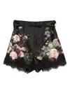 Zimmermann Belted Lace-trimmed Floral-print Silk And Cotton-blend Twill Shorts In Black