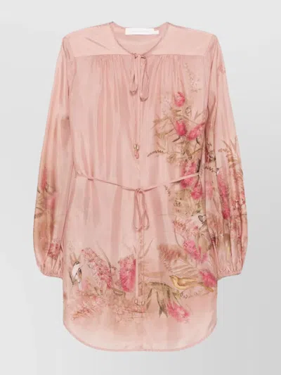 Zimmermann Printed Silk Top With Button And Tie In Pink