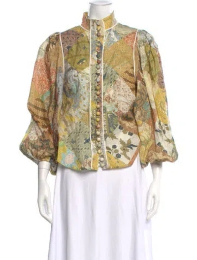 Pre-owned Zimmermann Printed Three-quarter Sleeve Blouse In Green