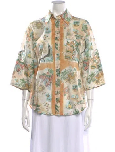 Pre-owned Zimmermann Printed Three-quarter Sleeve Blouse In Neutrals