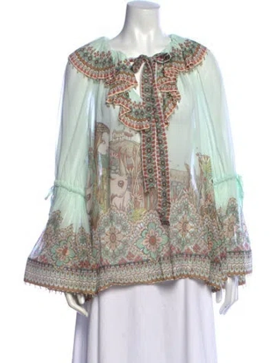 Pre-owned Zimmermann Printed Tie Neck Blouse In Blue