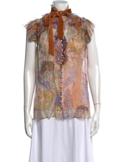 Pre-owned Zimmermann Printed Tie Neck Blouse In Neutrals