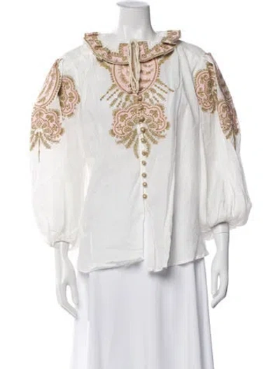 Pre-owned Zimmermann Printed Tie Neck Blouse In White