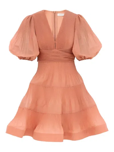 Zimmermann Puff-sleeved Pleated Dress In Orange