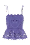 Zimmermann Pop Embellished Scalloped Broderie Anglaise Linen Peplum Top In Blue