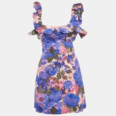 Pre-owned Zimmermann Purple Floral Linen High Tide Frilled Mini Dress S