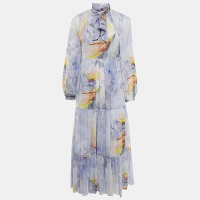 Pre-owned Zimmermann Purple Floral Print Crepe Self Tie Stand Collar Dress M