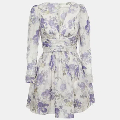 Pre-owned Zimmermann Purple Floral Print Linen And Silk Draped Mini Dress M