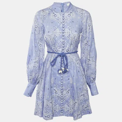 Pre-owned Zimmermann Purple Printed Linen Belted Mini Dress Xs