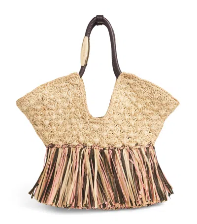 Zimmermann Goldentime Large Embellished Leather-trimmed Fringed Raffia Tote In Brown