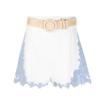 Zimmermann Raie Embroidered Trim Shorts, Ivory/blue In White