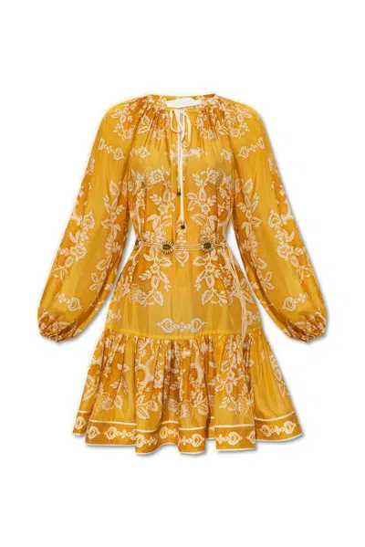 Zimmermann Raie Tiered Billow Mini Dress In Gold