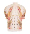 Zimmermann Ascension Embellished Shirred Floral-print Ramie Blouse In Multi