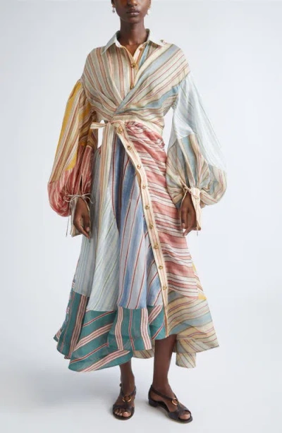 Zimmermann Rebellion Asymmetric Stripe Long Sleeve Linen & Silk Shirtdress In Multi