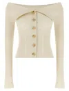 Zimmermann Off-the-shoulder Cotton-trimmed Ribbed-knit Cardigan In Neutral