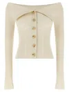 Zimmermann Off-the-shoulder Cotton-trimmed Ribbed-knit Cardigan In Brown