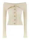 Zimmermann Off-the-shoulder Cotton-trimmed Ribbed-knit Cardigan In Neutral