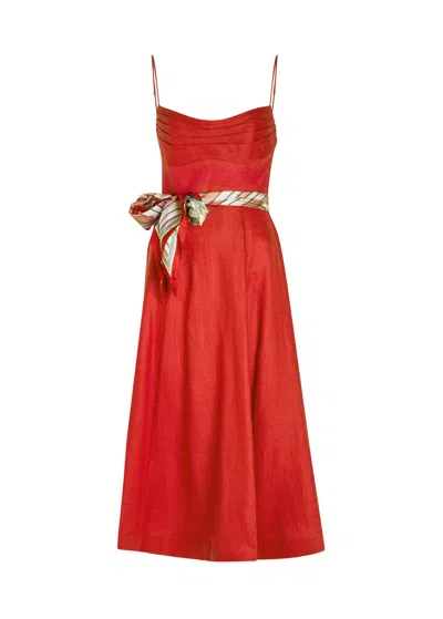 Zimmermann Rebellion Belted Linen Midi Dress In Red