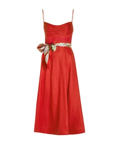 Zimmermann Rebellion Belted Linen Midi Dress In Red