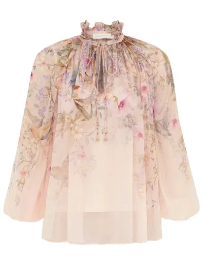Zimmermann Neutrals Billow Rebellion Sheer Floral Blouse In Multi