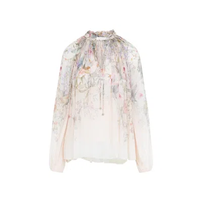Zimmermann 'rebellion' Multicolor Blouse With Bow Detail On The Front And All-over Floral Motif In Viscose Woma