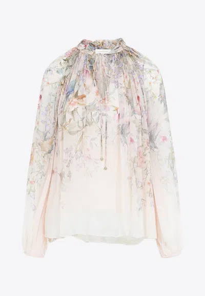Zimmermann 'rebellion' Multicolor Blouse With Bow Detail On The Front And All-over Floral Motif In Viscose Woma