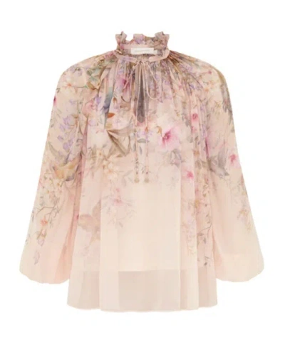 Zimmermann 'rebellion' Multicolor Blouse With Bow Detail On The Front And All-over Floral Motif In Viscose Woma
