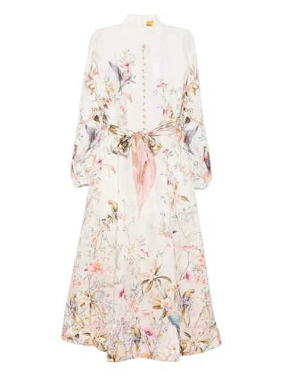 Zimmermann Rebellion Multicolor Midi Dress With Bow Detail On The Front And All-over Floral Print In Linen Woma