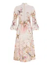 Zimmermann Rebellion Multicolor Midi Dress With Bow Detail On The Front And All-over Floral Print In Linen Woma In Neutral