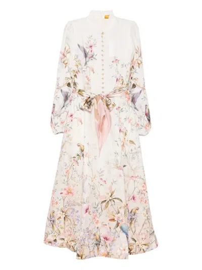 Zimmermann Rebellion Multicolor Midi Dress With Bow Detail On The Front And All-over Floral Print In Linen Woma