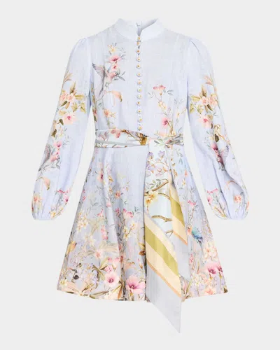 Zimmermann Rebellion Multicolor Midi Dress With Bow Detail On The Front And All-over Floral Print In Linen Woma In Blue