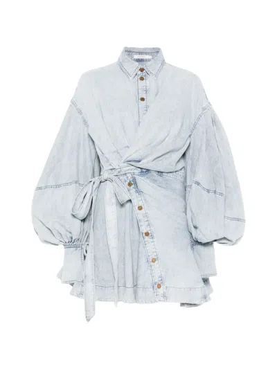 Zimmermann Rebellion Gathered Denim Mini Wrap Dress In Blue