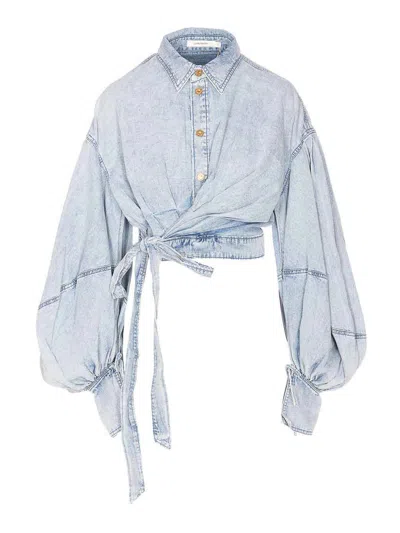 Zimmermann Rebellion Denim Wrap Top Tops Blue In Multi