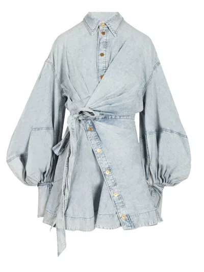 Zimmermann Rebellion Denim Wrap Mini Dresses Blue In Multi