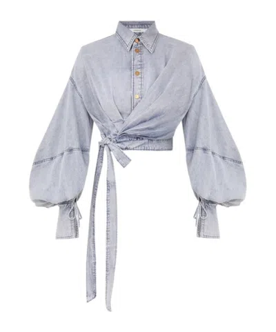Zimmermann Rebellion Denim Wrap Top Tops Blue In Multi