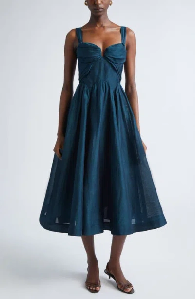 Zimmermann Rebellion Draped Linen & Silk Fit & Flare Midi Dress In Blue