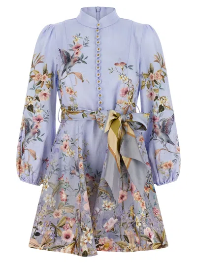 Zimmermann Rebellion Multicolor Midi Dress With Bow Detail On The Front And All-over Floral Print In Linen Woma In Blue