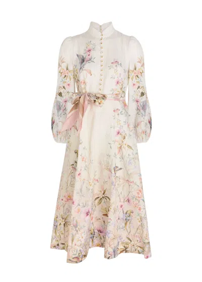 Zimmermann Rebellion Floral Belted Linen Midi Dress In White