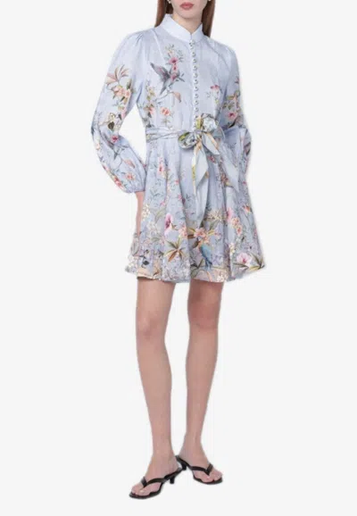 Zimmermann Rebellion Multicolor Midi Dress With Bow Detail On The Front And All-over Floral Print In Linen Woma In Blue