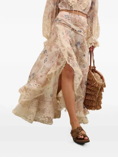 Zimmermann Rebellion Lace-trimmed Floral-print Linen And Silk-blend Maxi Skirt In Pink