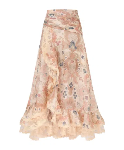 Zimmermann Rebellion Floral-print Lace Maxi Skirt In Orange