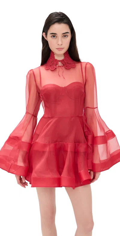 Zimmermann Rebellion Lantern Lace Collar Tiered Mini Dress In Red
